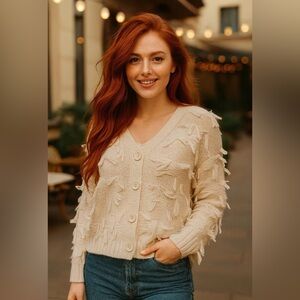 525 America Cream Fringe Cardigan in Bare- NWT